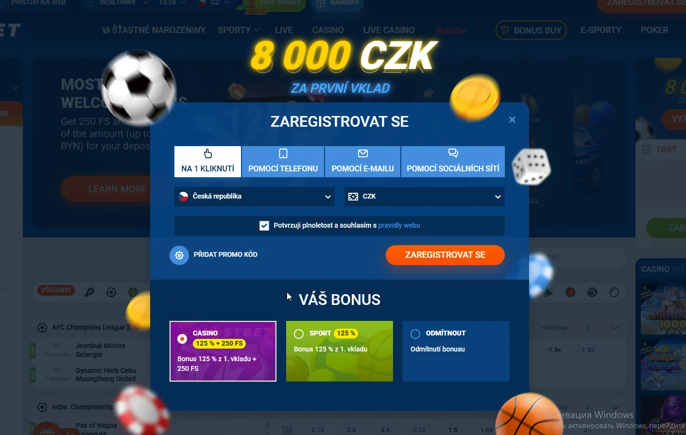 Registrace účtu pro získání bezplatných zatočení